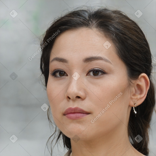 Neutral white young-adult female with medium  brown hair and brown eyes