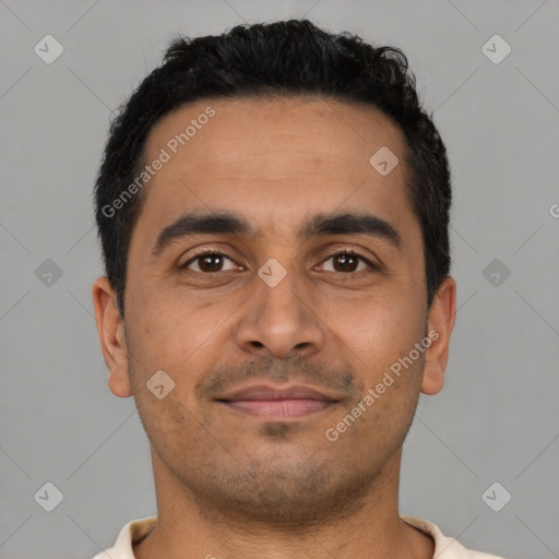 Neutral latino young-adult male with short  brown hair and brown eyes