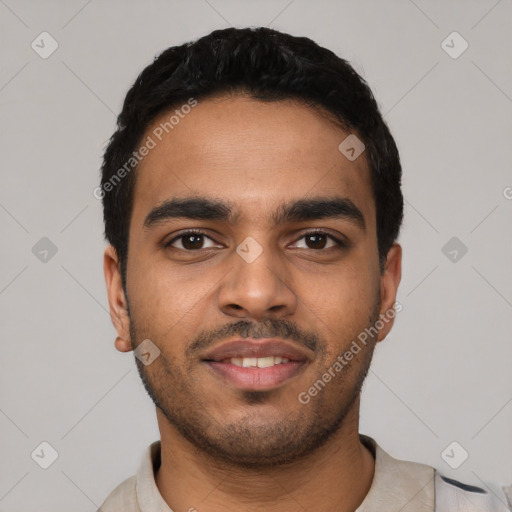 Neutral latino young-adult male with short  black hair and brown eyes