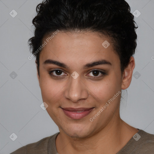 Joyful latino young-adult female with short  brown hair and brown eyes