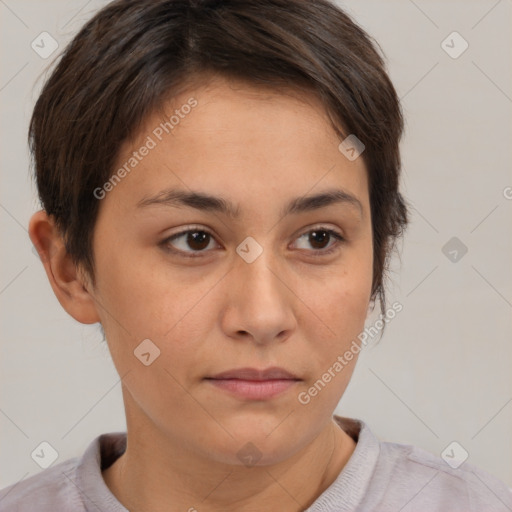 Neutral white young-adult female with short  brown hair and brown eyes