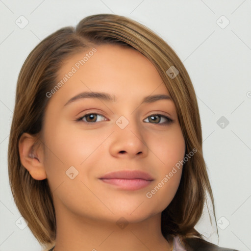 Neutral white young-adult female with medium  brown hair and brown eyes