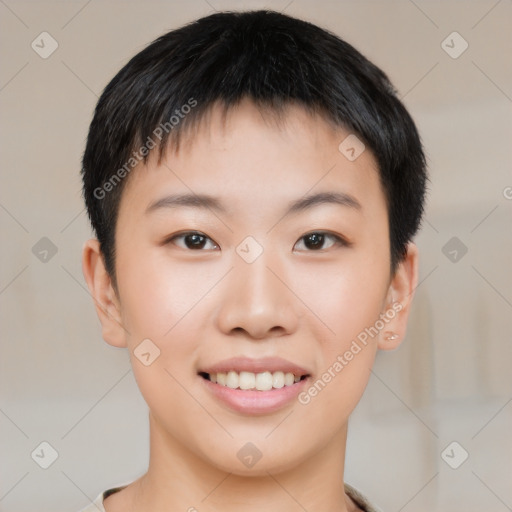 Joyful asian young-adult female with short  black hair and brown eyes