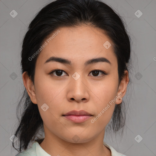 Neutral asian young-adult female with medium  brown hair and brown eyes