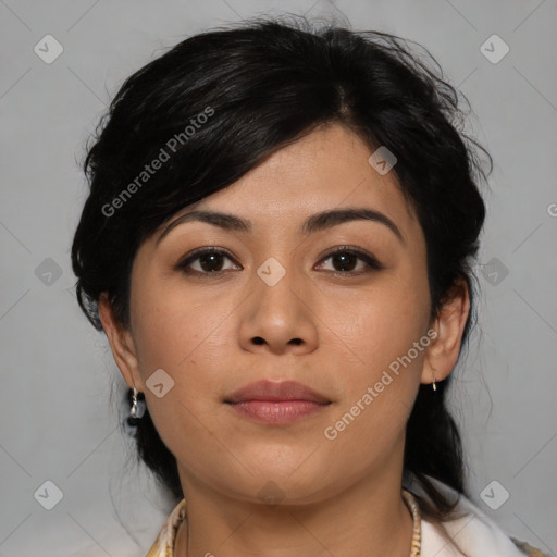 Joyful asian young-adult female with medium  black hair and brown eyes