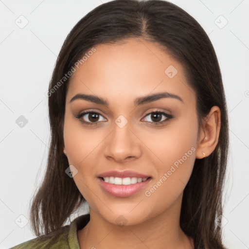 Joyful white young-adult female with long  brown hair and brown eyes