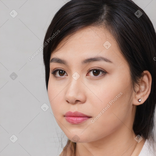 Neutral asian young-adult female with medium  black hair and brown eyes