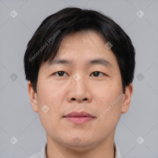 Neutral asian young-adult male with short  black hair and brown eyes