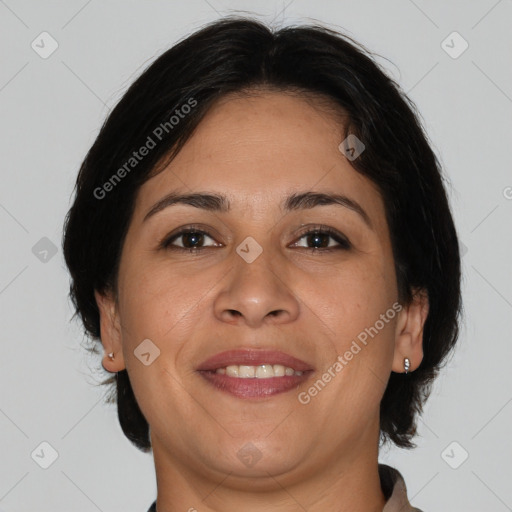 Joyful white adult female with medium  brown hair and brown eyes