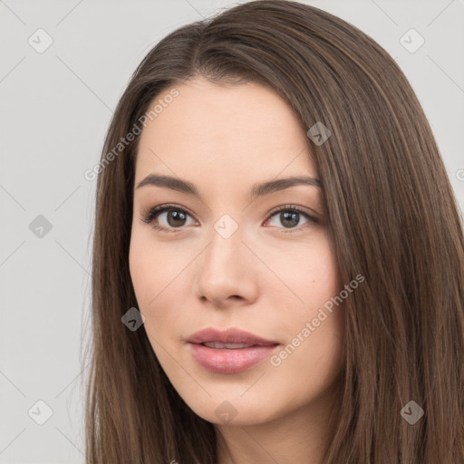 Neutral white young-adult female with long  brown hair and brown eyes