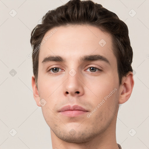 Neutral white young-adult male with short  brown hair and brown eyes