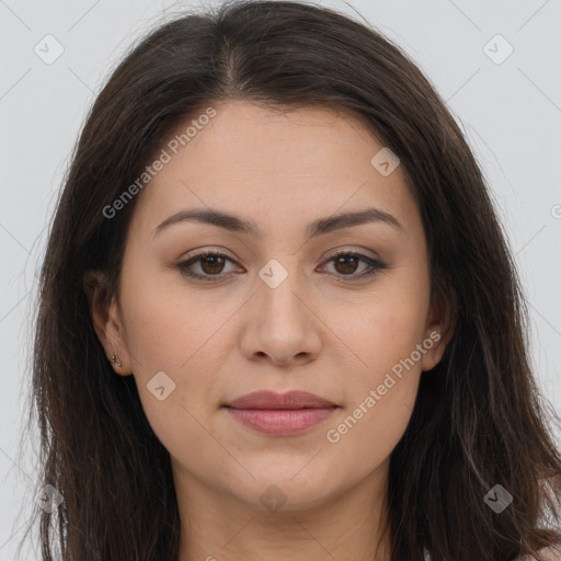 Joyful white young-adult female with long  brown hair and brown eyes