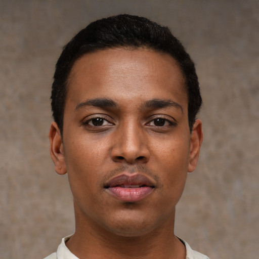 Neutral black young-adult male with short  black hair and brown eyes