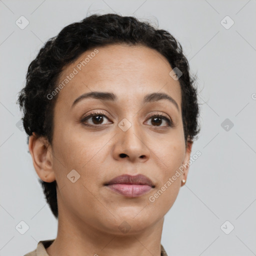 Joyful latino young-adult female with short  brown hair and brown eyes