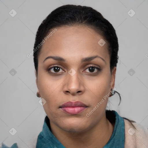 Neutral black young-adult female with short  black hair and brown eyes