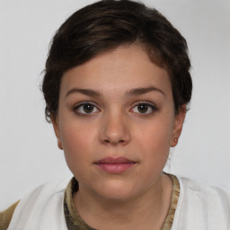 Neutral white young-adult female with short  brown hair and brown eyes