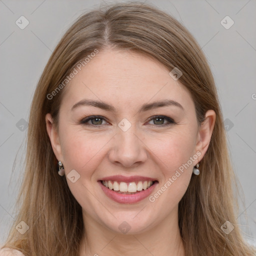 Joyful white young-adult female with long  brown hair and grey eyes