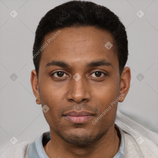 Neutral black young-adult male with short  black hair and brown eyes