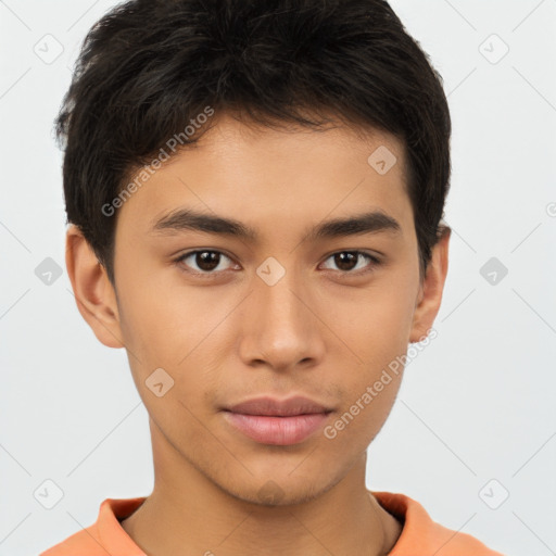 Neutral asian young-adult male with short  brown hair and brown eyes