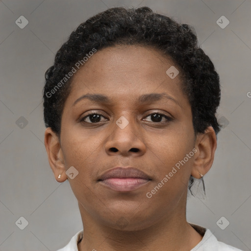 Neutral black young-adult female with short  brown hair and brown eyes