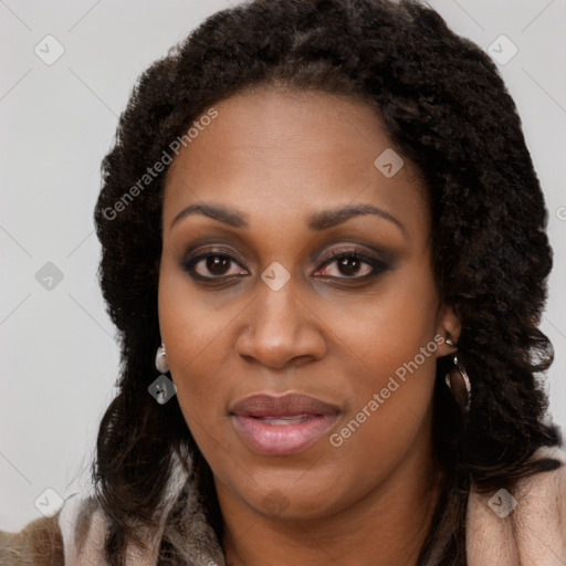 Joyful black young-adult female with long  brown hair and brown eyes