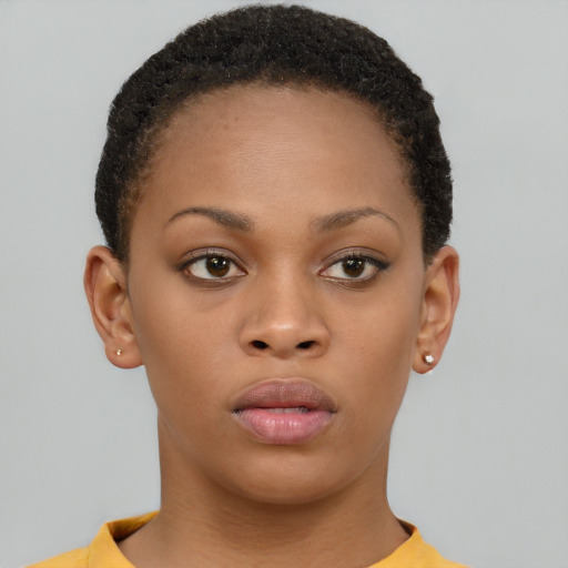 Neutral black young-adult female with short  brown hair and brown eyes