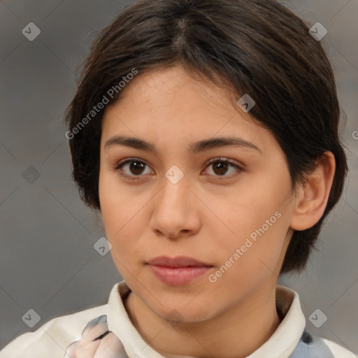 Neutral white young-adult female with medium  brown hair and brown eyes