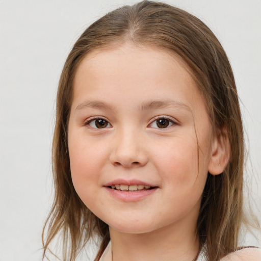 Joyful white child female with medium  brown hair and brown eyes