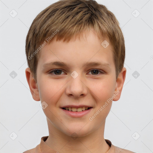 Joyful white child male with short  brown hair and brown eyes