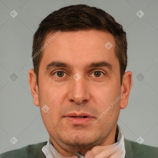 Neutral white adult male with short  brown hair and brown eyes