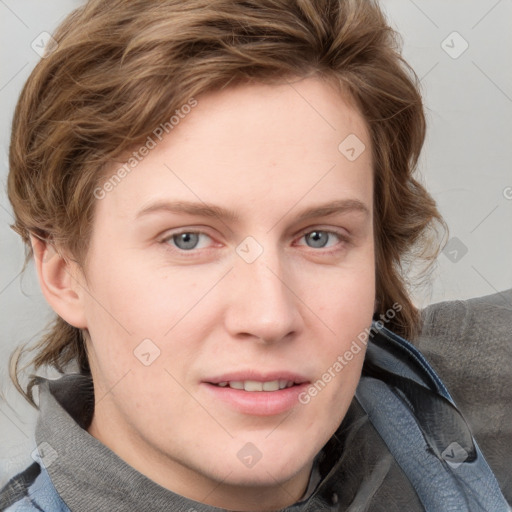 Joyful white young-adult female with medium  brown hair and blue eyes