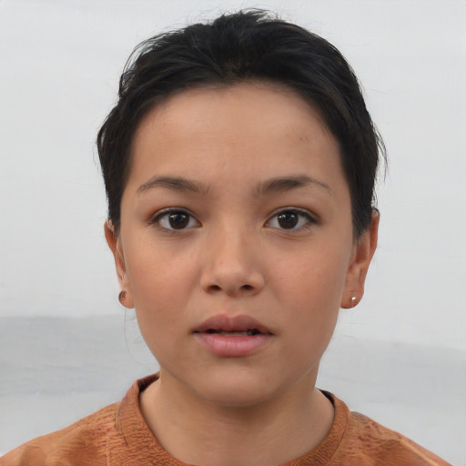 Neutral asian young-adult female with short  brown hair and brown eyes