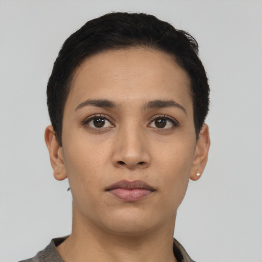 Neutral asian young-adult female with short  brown hair and brown eyes