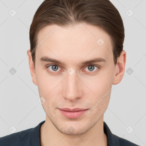 Neutral white young-adult male with short  brown hair and brown eyes