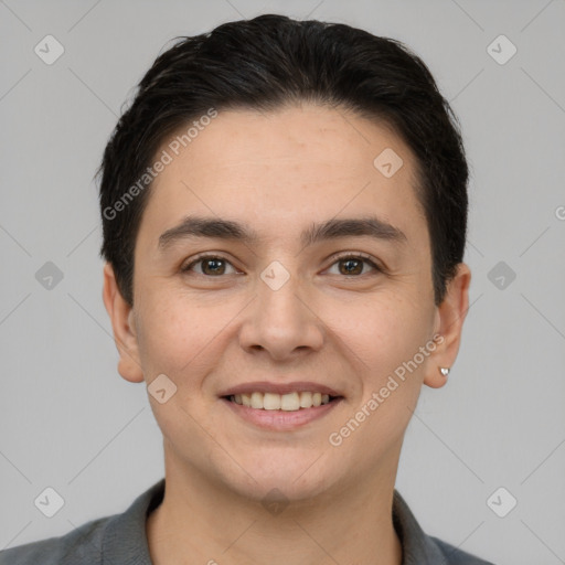 Joyful white young-adult female with short  brown hair and brown eyes