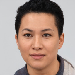 Joyful asian young-adult female with short  brown hair and brown eyes