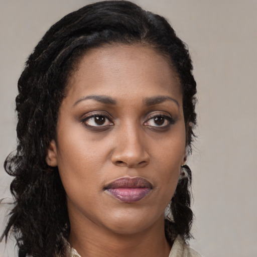 Joyful black young-adult female with long  brown hair and brown eyes