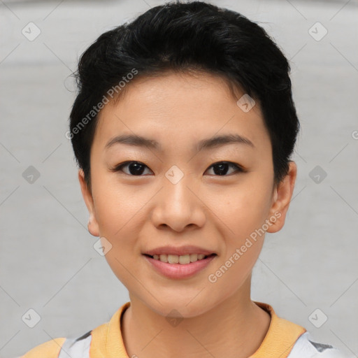 Joyful asian young-adult female with short  brown hair and brown eyes