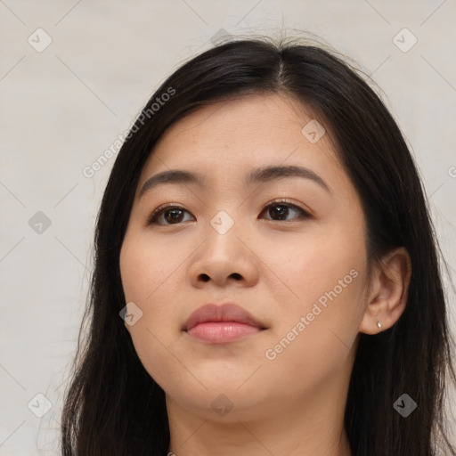 Neutral asian young-adult female with long  brown hair and brown eyes