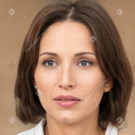 Neutral white young-adult female with medium  brown hair and brown eyes