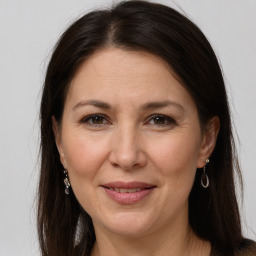 Joyful white adult female with long  brown hair and grey eyes