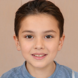 Joyful white child female with short  brown hair and brown eyes