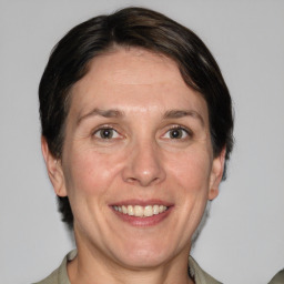 Joyful white adult female with medium  brown hair and grey eyes