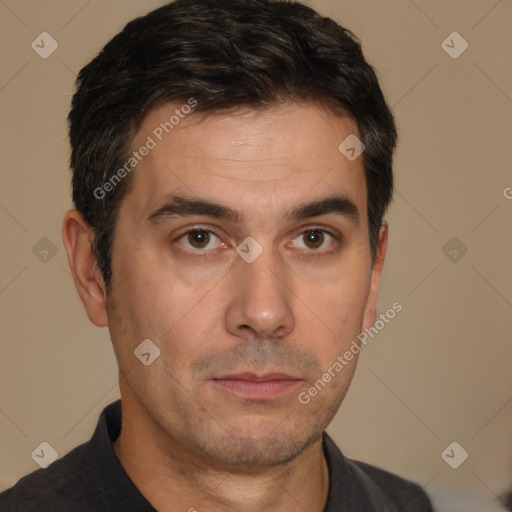 Neutral white adult male with short  brown hair and brown eyes