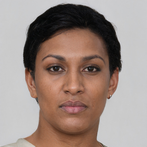 Neutral latino young-adult female with short  black hair and brown eyes
