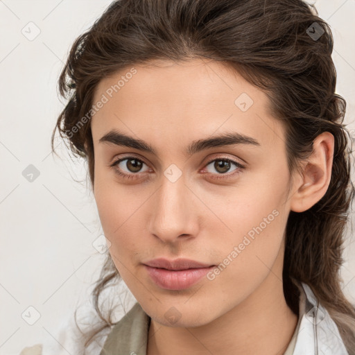 Neutral white young-adult female with medium  brown hair and brown eyes