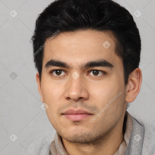 Neutral asian young-adult male with short  black hair and brown eyes