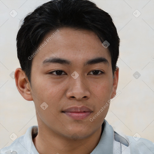 Joyful asian young-adult male with short  black hair and brown eyes