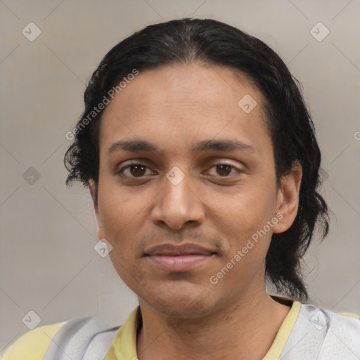 Joyful latino young-adult female with short  black hair and brown eyes