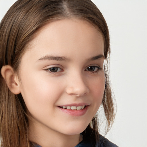 Joyful white child female with long  brown hair and brown eyes